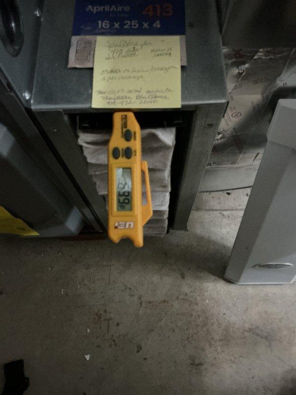 Completed annual maintenance on 11-year-old air conditioning system. Inspected indoor air handler unit including AprilAire filter assembly, verified proper airflow and recorded temperature readings. Performed outdoor condenser unit inspection, checked electrical connections, cleaned coils, and confirmed operational status of all components.