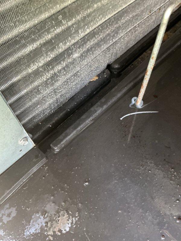 Completed routine maintenance on 3-year-old packaged air conditioning unit. Inspected condenser coils and found heavy accumulation of dust and debris restricting airflow; cleaned coil surfaces to restore proper heat transfer efficiency. Checked drain pan for proper drainage, noted moisture staining and sediment buildup. Verified electrical connections at outdoor disconnect box and confirmed all components operating within normal parameters.