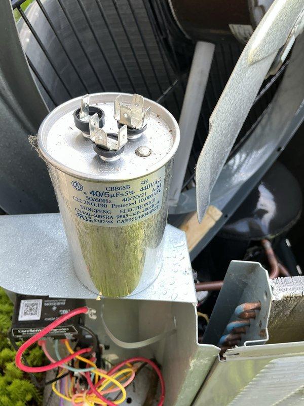 Completed scheduled air conditioning tune-up and preventative maintenance on 4-year-old cooling system. During inspection, identified capacitor with significant biological growth and discoloration requiring monitoring; verified all electrical connections, tested system operation, and confirmed unit is functioning within normal parameters.