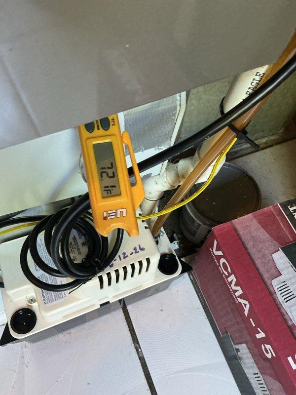 Responded to no cooling call on 8-year-old residential air conditioning system. Upon arrival, performed diagnostic testing using digital thermometer to verify temperature readings and inspected condensing unit, air handler, and electrical connections in attic installation. Checked system controls, wiring connections, and condensate management components to identify cause of cooling failure and restore proper operation.