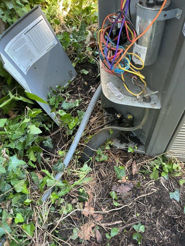 Performed leak search on residential Lennox air conditioning system. Accessed compressor and electrical components by removing service panel to inspect refrigerant lines, connections, and compressor assembly for potential refrigerant leaks. Documented equipment condition with photos for service records.
