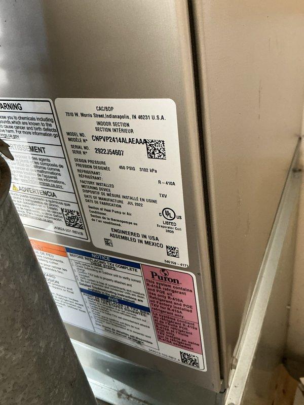 Installed new indoor evaporator coil for air conditioning system in residential mechanical room. Completed installation of CNPVP model coil unit manufactured by CAC/BDP, verifying proper refrigerant connections and system integration with existing Trane furnace and ductwork. All equipment tested and operational upon completion.