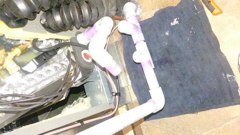 Responded to callback for water leak on new HVAC installation. Upon inspection, confirmed active water leak requiring repair. Technician identified necessary parts and completed approximately 5-hour repair, replacing damaged boot assembly and associated PVC drainage components to resolve leak issue and restore proper system operation.