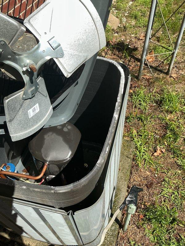 Completed routine cooling maintenance visit on 10-year-old air conditioning system. Performed comprehensive system inspection including electrical diagnostics with clamp meter to verify proper amperage draw and component function. Inspected compressor, capacitor, and electrical connections. Removed top panel to access internal components, checked compressor operation, verified fan motor assembly, and inspected refrigerant lines for proper connection and condition. System tested and operating within normal parameters upon completion.