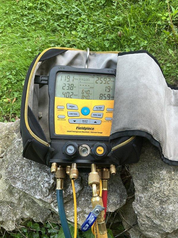 Responded to no cooling call on 5-year-old air conditioning system. Upon arrival, performed diagnostic testing using manifold gauges and amp meter to assess system operation and electrical components. Verified refrigerant pressures, tested electrical connections at outdoor unit, and inspected capacitor as suspected by customer. System restored to proper cooling operation after completing necessary repairs and verifying all readings were within manufacturer specifications.