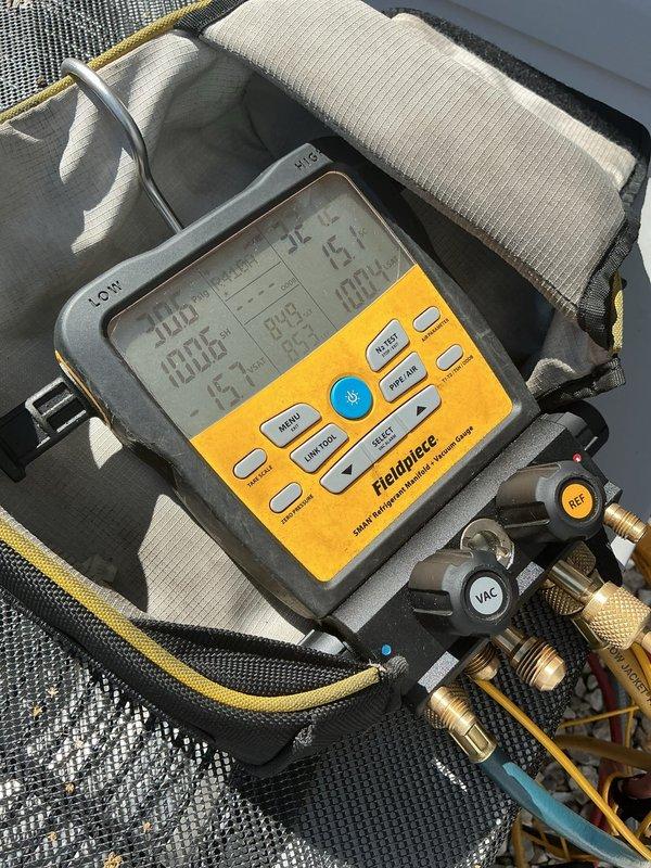 Responded to no cooling complaint on 1-year-old air conditioning system. Upon arrival, connected digital manifold gauges to measure system pressures and verify refrigerant charge. Inspection revealed the indoor air handler and condensing unit were properly installed with refrigerant lines and electrical connections intact. Diagnostic testing confirmed system operating parameters were within manufacturer specifications, and refrigerant charge was adequate. Educated customer on proper thermostat operation and normal system cycling to ensure optimal cooling performance.