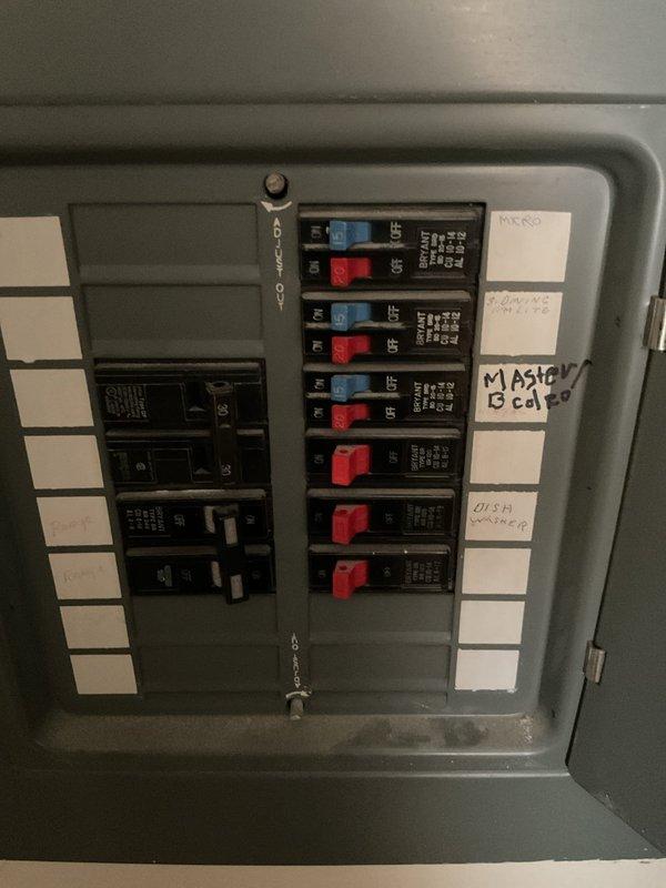 Completed estimate for replacement of existing Magic Pak HVAC unit located in interior utility closet. Inspected current installation including unit mounted on wooden platform, associated ductwork, electrical breaker panel, and return air grille. Documented existing equipment configuration, electrical connections, and accessibility via photographs for replacement planning and material specifications.