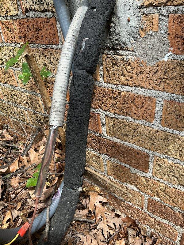 Performed system inspection following customer modification to outdoor unit casing where wires were cut to route electrical connections. Verified all refrigerant lines, electrical wiring, and insulation remained intact with no damage from the alteration. Checked system pressures and temperatures using manifold gauges to confirm proper refrigerant charge and normal operating parameters, with all readings within manufacturer specifications.