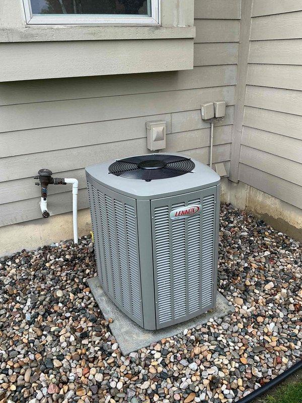 Completed spring maintenance on a 2-year-old Lennox air conditioning system. Performed standard preventative maintenance inspection of outdoor condenser unit, verified proper operation of compressor and fan motor, checked refrigerant levels and electrical connections, and inspected condensate drain line functionality. Also conducted a plumbing system inspection as requested.