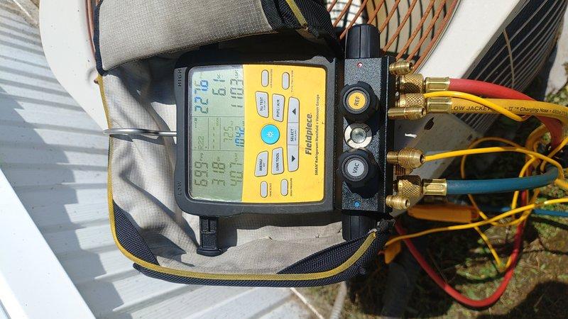 Responded to no cooling call on 27-year-old air conditioning system running constantly but failing to reach thermostat setpoint. Upon arrival, performed diagnostic testing using digital manifold gauges to measure system pressures and temperatures. Testing revealed the unit was operating outside normal parameters, consistent with age-related component failure and severely degraded efficiency typical of equipment well beyond its expected service life. Given the advanced age of the system and extent of deterioration, recommended full system replacement as the most cost-effective solution, as repair costs would likely approach or exceed replacement value with no guarantee of reliable long-term operation.