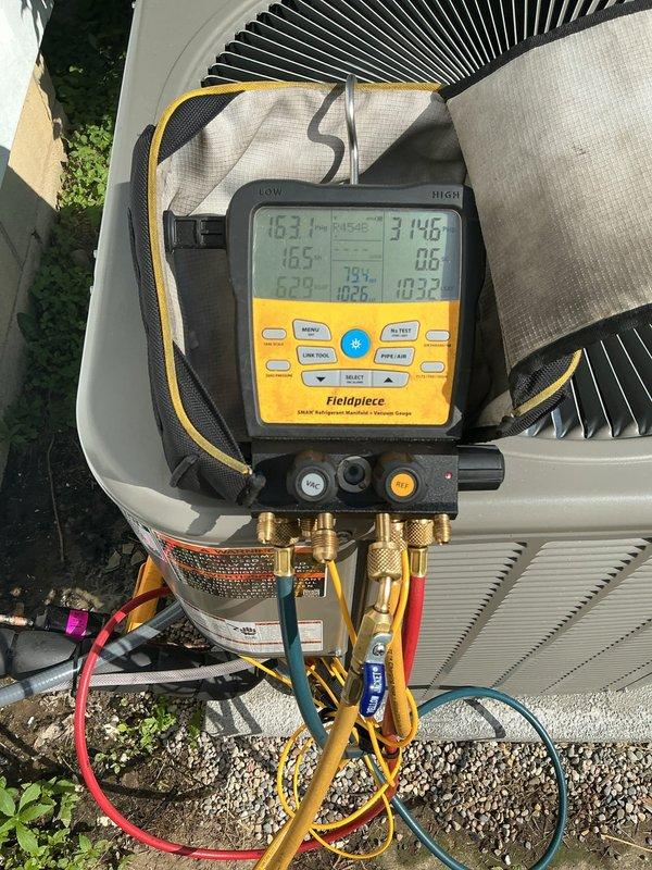 Responded to emergency no-cooling call for residential air conditioning system. Upon arrival, connected diagnostic manifold gauges to outdoor condensing unit to assess refrigerant pressures and system operation. Performed system evaluation and successfully restored cooling operation same-day due to urgent need for climate control in occupied residence.