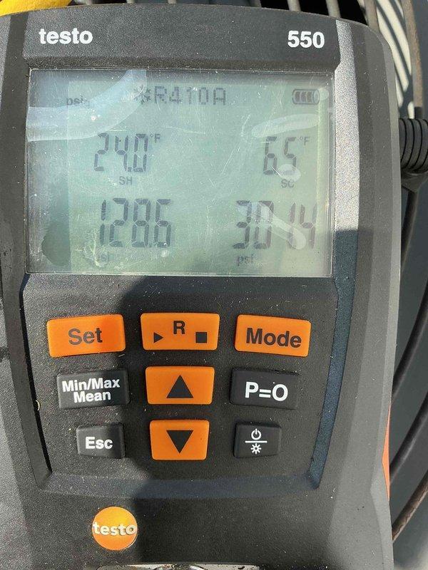 Responded to service call for 16-year-old air conditioning system reported as inoperative due to abnormal noise concerns. Upon arrival, confirmed unit had been shut down as a safety precaution. Performed comprehensive system diagnostics using Testo 550 digital manifold to evaluate refrigerant pressures and temperatures on R-410A system. Recorded operating parameters including suction and discharge pressures, superheat, and subcooling measurements to assess system performance and identify root cause of malfunction. Equipment readings indicated potential compressor or mechanical component failure consistent with reported noise symptoms. Documented findings with diagnostic instrument readings for service records and provided recommendations for necessary repairs to restore system operation.
