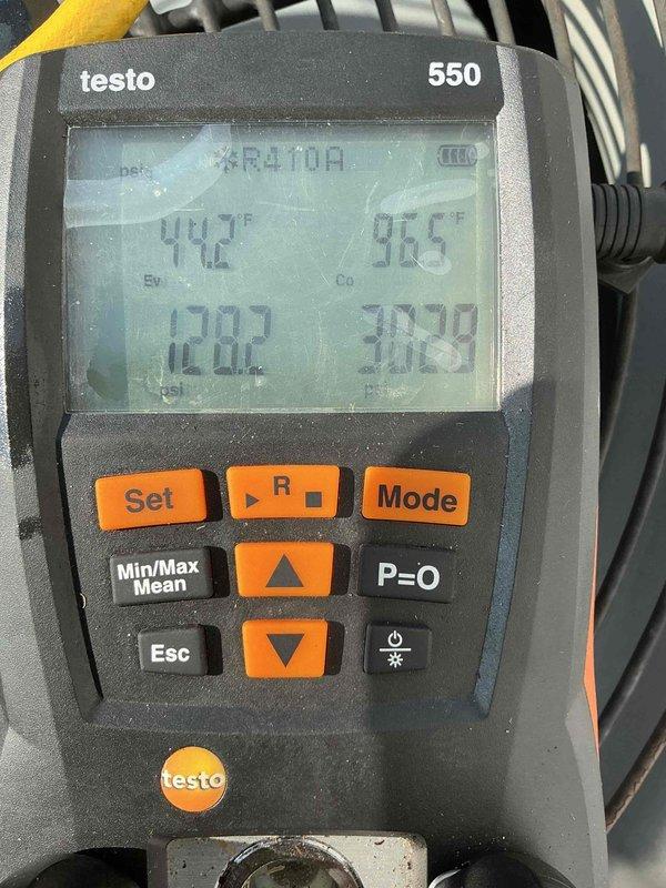 Responded to service call for 16-year-old air conditioning system reported as inoperative due to abnormal noise concerns. Upon arrival, confirmed unit had been shut down as a safety precaution. Performed comprehensive system diagnostics using Testo 550 digital manifold to evaluate refrigerant pressures and temperatures on R-410A system. Recorded operating parameters including suction and discharge pressures, superheat, and subcooling measurements to assess system performance and identify root cause of malfunction. Equipment readings indicated potential compressor or mechanical component failure consistent with reported noise symptoms. Documented findings with diagnostic instrument readings for service records and provided recommendations for necessary repairs to restore system operation.
