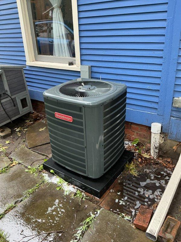 Completed spring maintenance on a 9-year-old Goodman air conditioning system. Performed comprehensive inspection of outdoor condenser unit, verified proper operation of compressor and fan motor, checked refrigerant levels and electrical connections at disconnect box, and cleaned condenser coils. All components operating within normal parameters. Customer requested estimate for additional ductwork and vents to improve air circulation throughout the home; will provide separate proposal for vent installation project.
