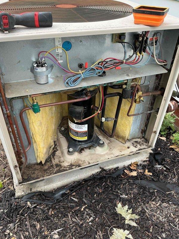 Responded to no-cooling call on residential AC unit. Customer had already replaced both 40-amp fuses with no improvement. Upon arrival, removed outdoor unit access panel and performed diagnostic inspection of condensing unit components. Examined electrical connections, capacitor, compressor, and associated wiring throughout upper and lower compartments. Verified refrigerant line connections and valve assemblies. Unit showed signs of age-related wear with dirt accumulation on interior surfaces. Documented condition of all major components including compressor, capacitor, electrical connections, and copper refrigerant lines for service records.