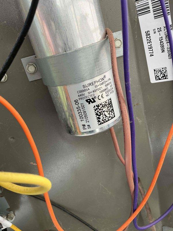 Performed routine cooling maintenance on a 3-year-old air conditioning system. Inspected electrical components including the capacitor, contactor, and associated wiring connections. All components were found to be in proper working condition with secure wire connections and appropriate voltage ratings. System operational and ready for continued service.