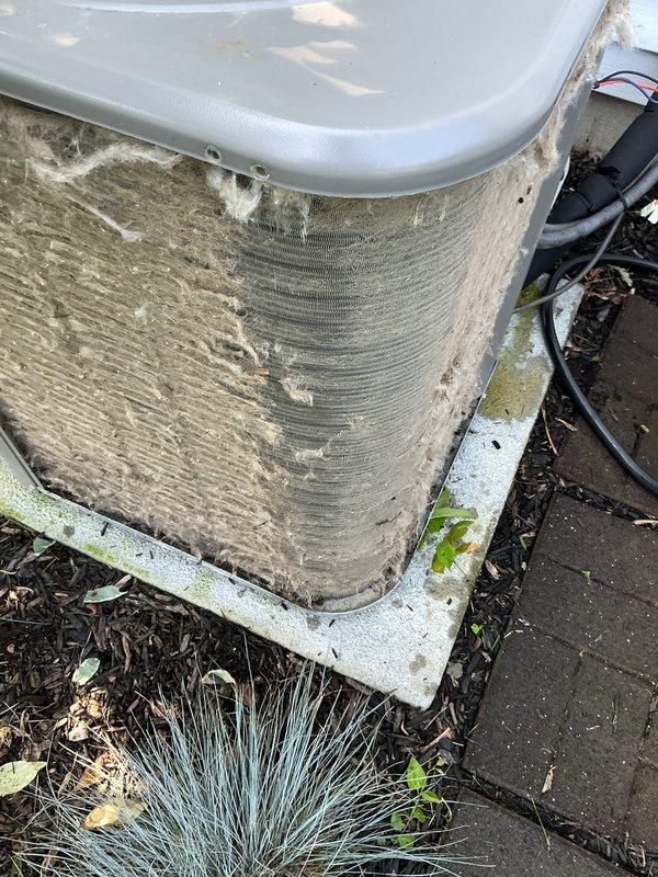 Completed preventive maintenance tune-up on 6-year-old outdoor condensing unit. Performed electrical diagnostics using clamp meter to verify proper amperage draw and system performance. Unit's condenser coil showed significant accumulation of dirt, dust, and debris on fins, which was addressed during maintenance to restore proper airflow and heat transfer efficiency.