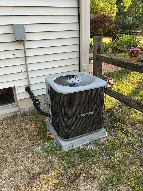 Completed scheduled air conditioning maintenance on Concord brand outdoor condensing unit. Performed comprehensive system inspection, cleaned condenser coils, checked refrigerant levels, verified electrical connections and controls, and confirmed proper unit operation. All components found to be functioning within normal parameters.