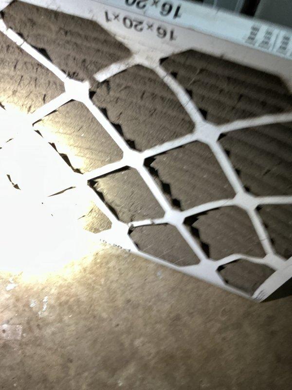 Responded to no-cooling complaint at residential property. Found heavily clogged air filter restricting airflow to system, causing unit to shut down on high-temperature safety. Replaced dirty filter with new 16x20x1 unit. System restored to normal operation with proper airflow and cooling capacity.