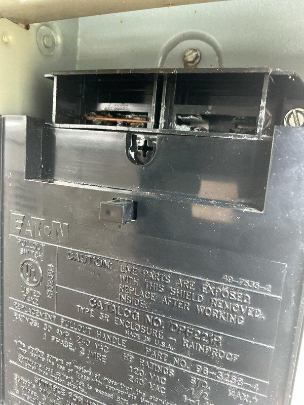 Completed routine maintenance on 10-year-old air conditioning system. Inspected electrical panel and contactor assembly, noting oxidation on copper terminals that was cleaned during service. All components tested and system operating within normal parameters.