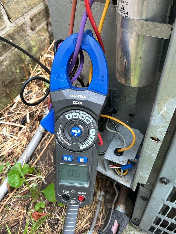 Completed preventive maintenance on 13-year-old residential air conditioning system. Performed standard tune-up procedures including electrical testing with clamp meter, verifying proper amperage draw on compressor circuit, and visual inspection of outdoor condensing unit and refrigerant connections. Unit operating within normal parameters; no issues found.