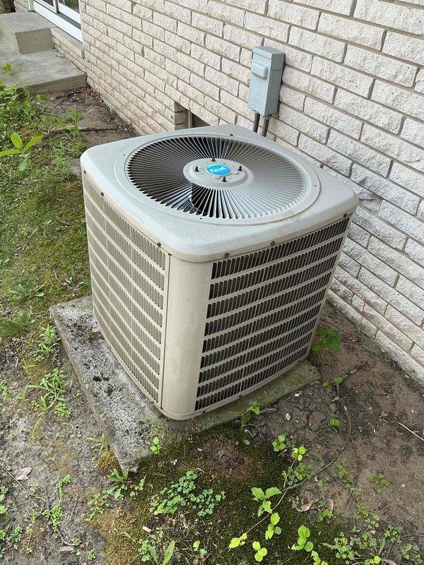 Completed MVP cooling maintenance on a 14-year-old Goodman split system at a vacant property. Serviced indoor air handler unit model VSX130181BA located in basement and outdoor condenser unit. Performed standard maintenance protocol including system inspection, cleaning, and operational testing. Both indoor and outdoor units showed age-appropriate wear with vegetation growth noted around outdoor condenser pad requiring clearance maintenance. System operating within normal parameters upon completion.