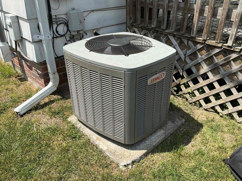 Performed routine cooling maintenance on an 18-year-old Lennox outdoor condensing unit. Inspected electrical components including contactor, dual capacitors, and associated wiring connections; verified proper operation of all internal components and confirmed unit functionality within normal parameters.