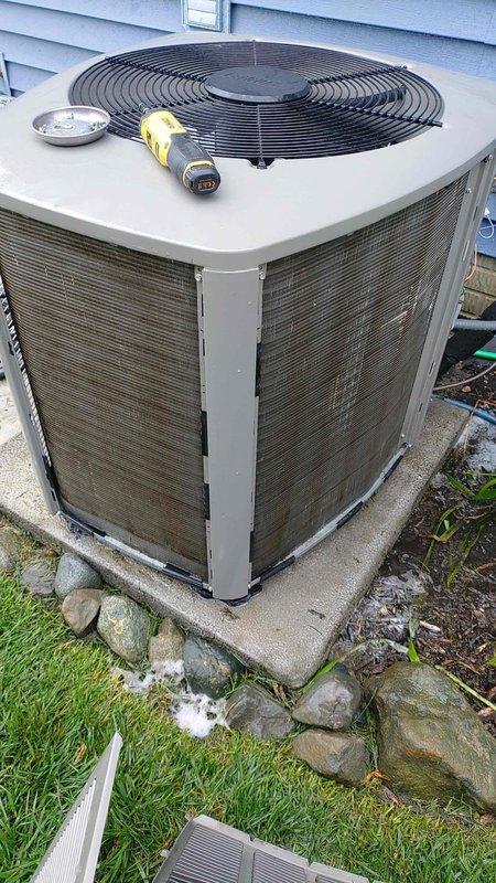 Performed comprehensive cooling maintenance on a 3-year-old residential air conditioning system with components located in the basement and outdoor condenser unit. Inspected outdoor condenser unit, cleaned debris and dust accumulation from condenser coils and fins, and verified proper operation of fan assembly and electrical connections. All system components tested and confirmed operating within normal parameters.