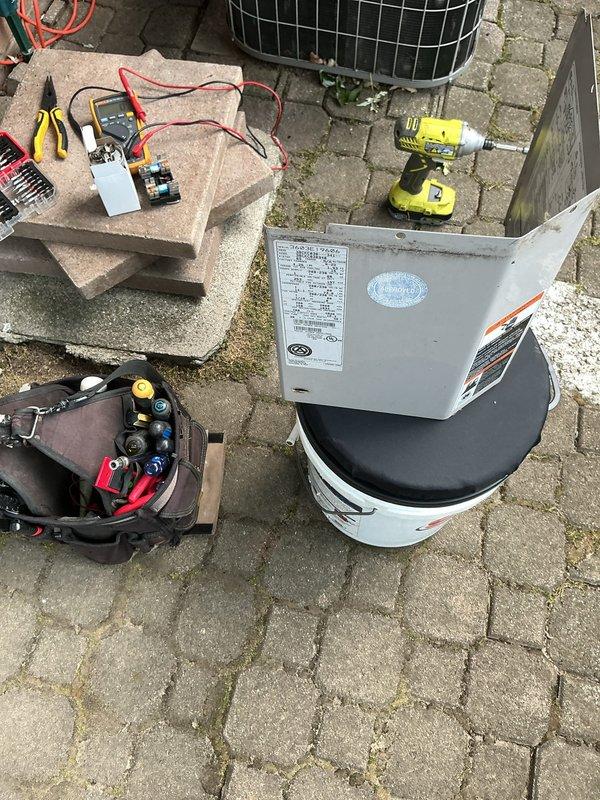 Responded to service call for air conditioning system not cooling with condenser failing to start properly. Diagnosed failed dual run capacitor preventing compressor from operating while indoor blower continued to function normally. Replaced defective capacitor with new unit, tested system operation, and verified proper compressor start-up and cooling cycle restoration.