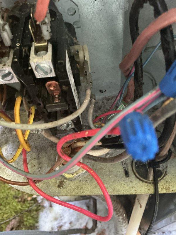 Completed routine cooling maintenance on an 18-year-old Amana air conditioning unit. Inspected outdoor condenser unit, electrical connections, and internal components. Unit operational at time of service, with electrical wiring and contactors showing age-appropriate wear. Surrounding area exhibits significant moss and organic debris accumulation on concrete pad, which may impact drainage and airflow efficiency over time.