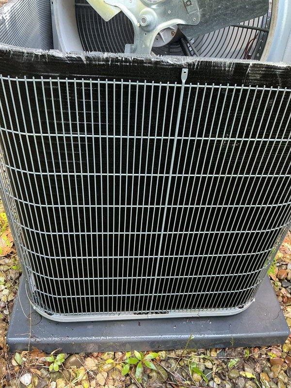 Completed routine maintenance on outdoor air conditioning system. Performed visual inspection of condensing unit, verified proper operation of condenser fan motor, inspected electrical disconnect and associated components, and checked condensate drain line routing. Unit found in functional condition with normal outdoor weathering; all components operating within acceptable parameters at time of service.