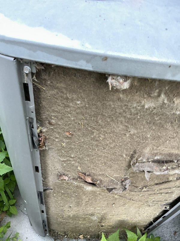 Responded to no cool call on 16-year-old residential air conditioning system. Upon arrival, found condenser unit with heavy accumulation of dirt, dust, and organic debris on interior surfaces and coils, indicating extended period without maintenance. Unit located in confined side yard space with vegetation growth around equipment restricting airflow. Inspected unit for operational issues, documented severely soiled condition affecting system performance and efficiency.