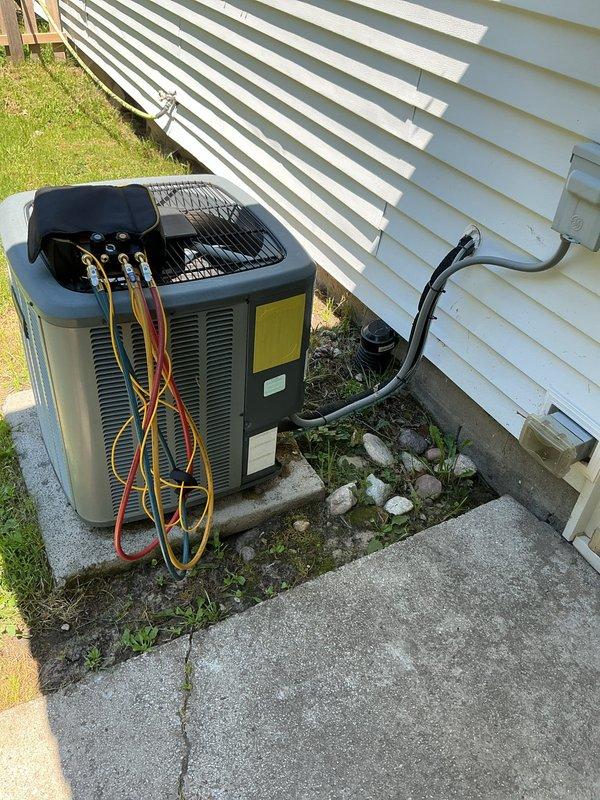 Responded to customer complaint of strong refrigerant odor near AC unit. Performed thorough inspection of indoor evaporator coil assembly and outdoor condensing unit, including all refrigerant line connections and service valves. Visually examined copper line sets, flare connections, and refrigerant piping for signs of leakage or oil residue that would indicate active refrigerant loss. Documented equipment condition with photographs for service records.