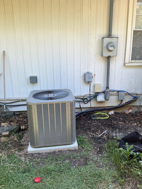 Completed full HVAC system installation including Armstrong Air Ultra X upflow furnace with cased B-width evaporator coil in basement location. Installed new 50-foot lineset with 3/4" liquid line connecting indoor coil to outdoor single-stage condenser unit. Relocated condenser 3 feet from electrical meter, setting unit on new concrete pad with proper clearances. Installed new disconnect switch and whip for condenser power supply, along with J-box for electrical connections. Ran refrigerant lines through basement, securing copper piping with appropriate hangers and insulation. Connected evaporator coil to existing ductwork, ensuring proper airflow direction for upflow configuration. Completed all electrical connections including low-voltage control wiring. Reused existing thermostat, verifying compatibility with new equipment and updating system configuration. Evacuated refrigerant lines to proper micron level, charged system to manufacturer specifications, and verified proper superhea
