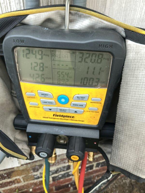 Performed comprehensive AC tune-up service, utilizing Fieldpiece diagnostic meter to measure and record system pressures and temperatures across both low and high sides of the refrigerant circuit. Upon inspection, identified moisture accumulation on basement floor near equipment area, documented conditions, and verified all system parameters were within normal operating range.