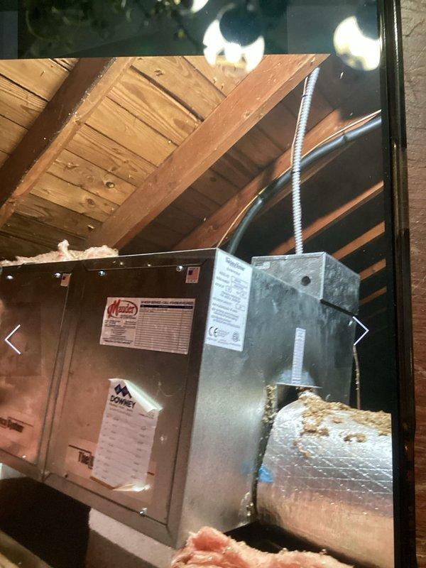 Completed comprehensive estimate for full HVAC system replacement at residential property. Evaluated existing Carrier outdoor condensing unit located against exterior brick wall and attic-mounted air handler with associated ductwork and plenum components. Documented current equipment conditions, measurements, and installation requirements through photographic assessment to provide customer with replacement options and specifications for new heating and cooling system.