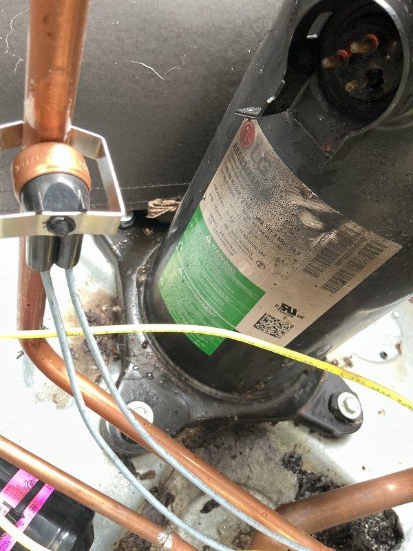 Returned to site to perform leak search on HVAC system. Inspected compressor unit and refrigerant lines, documenting condition of copper tubing and electrical connections with photos. System shows signs of operational wear with visible dust accumulation on components. Leak search in progress; awaiting confirmation on warranty status before ordering replacement parts if needed.