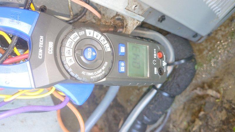 Responded to no cooling call on 11-year-old air conditioning system where indoor fan was operating but not delivering cool air. Upon arrival, confirmed customer complaint and performed diagnostic testing using digital clamp meter to measure electrical current draw at outdoor unit and refrigerant line temperatures. Testing revealed system was running but not achieving proper cooling capacity, indicating potential refrigerant charge issue or compressor malfunction requiring further evaluation.