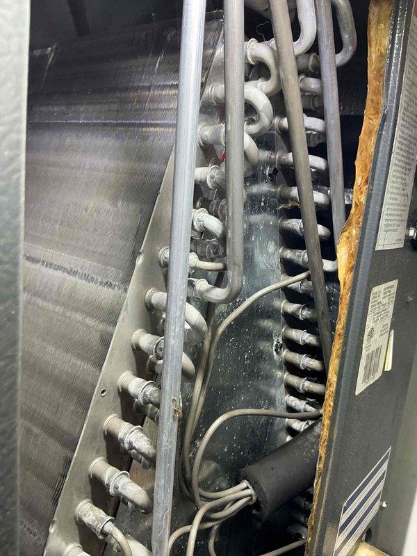 Completed comprehensive tune-up on 10-year-old air conditioning system, beginning with outdoor unit inspection to accommodate customer's pets. Performed full system evaluation including refrigerant line inspection, coil assessment, and internal component examination. All refrigerant tubing connections showed proper configuration with U-bend arrangements intact, heat exchanger coils displayed normal operational moisture, and electrical components functioning within specifications despite moderate dust accumulation consistent with unit age.