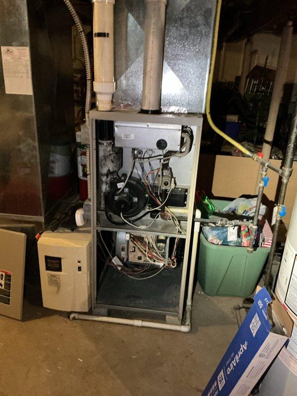 Completed comprehensive tune-up on 20-year-old residential furnace system located in basement, including full inspection of blower motor assembly, electrical connections, and internal components. Performed water heater flush and fill service on approximately 20-year-old unit. All systems tested and returned to normal operation with no immediate concerns noted during service visit.