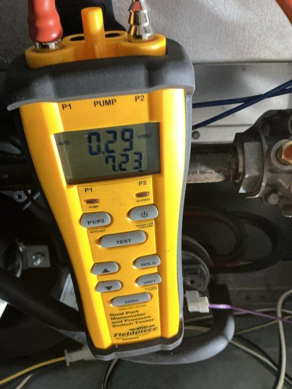 Completed comprehensive tune-up on 4-year-old gas furnace. Performed combustion analysis using Testo 310 II analyzer, recording stack temperature of 100.4°F, oxygen level at 5.0%, carbon monoxide at 54 ppm (71 ppm air-free), and efficiency at 95.6%. Measured gas pressure using dual-port manometer, confirming manifold pressure at 7.23 inches water column and inlet pressure at 0.29 inches water column. All readings within manufacturer specifications; system operating safely and efficiently.