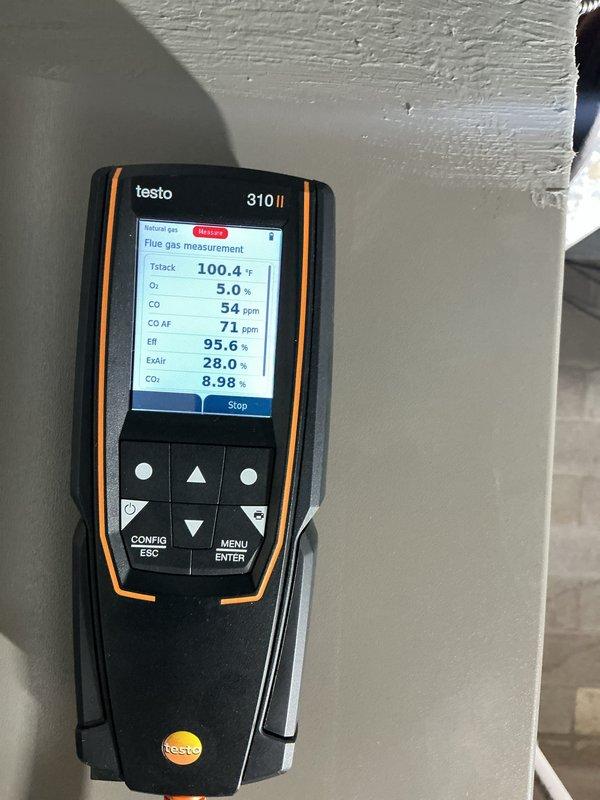 Completed comprehensive tune-up on 4-year-old gas furnace. Performed combustion analysis using Testo 310 II analyzer, recording stack temperature of 100.4°F, oxygen level at 5.0%, carbon monoxide at 54 ppm (71 ppm air-free), and efficiency at 95.6%. Measured gas pressure using dual-port manometer, confirming manifold pressure at 7.23 inches water column and inlet pressure at 0.29 inches water column. All readings within manufacturer specifications; system operating safely and efficiently.