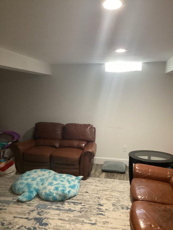Conducted on-site assessment for mini split system installation in a basement living area and evaluated exterior wall mounting location. Documented interior space layout and existing HVAC infrastructure including outdoor condenser unit positioning, electrical service panel, and available wall space for indoor air handler placement.