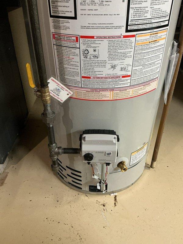Installed a 40-gallon natural gas water heater in accordance with manufacturer specifications and local plumbing codes. All gas connections, water supply lines, and safety controls were properly installed and tested, with the unit verified level and operational upon completion.