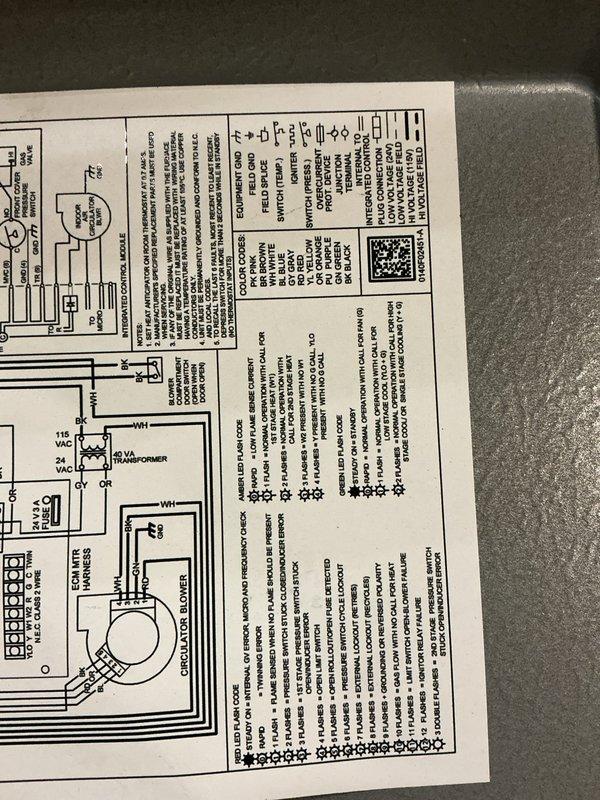 Completed routine maintenance on a 9-year-old Carrier gas furnace system. Inspected all major components including the air handler unit, ductwork connections, and electrical wiring systems. Verified proper operation of the blower motor, confirmed secure duct connections, and reviewed wiring diagram for system specifications to ensure all components were functioning within manufacturer parameters.