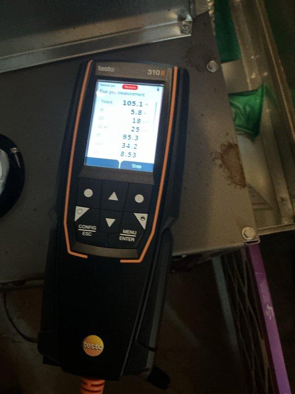 Performed comprehensive furnace tune-up on 3-year-old heating system with no reported issues. Conducted combustion analysis using Testo 310 analyzer, confirming proper operation with measured values indicating efficient fuel-to-air ratio and safe flue gas temperatures. Completed standard maintenance procedures including burner inspection, flame sensor cleaning, and system diagnostics to ensure optimal performance for the upcoming heating season.