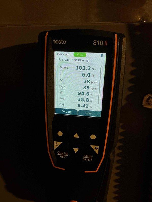 Completed comprehensive tune-up service on residential Lennox furnace system and air conditioning unit. Performed combustion analysis using Testo 310 II analyzer, confirming optimal furnace performance with efficiency reading of 94.6%, stack temperature of 103.2°F, oxygen level at 6.0%, and carbon monoxide at 28 ppm—all within manufacturer specifications for natural gas operation. Inspected basement mechanical room equipment including HVAC system, associated ductwork, electrical connections, gas piping, and condensate drainage. Verified proper operation of all system components, confirmed adequate airflow through supply and return ductwork, and ensured all safety controls functioning correctly. System operating efficiently with no deficiencies noted.