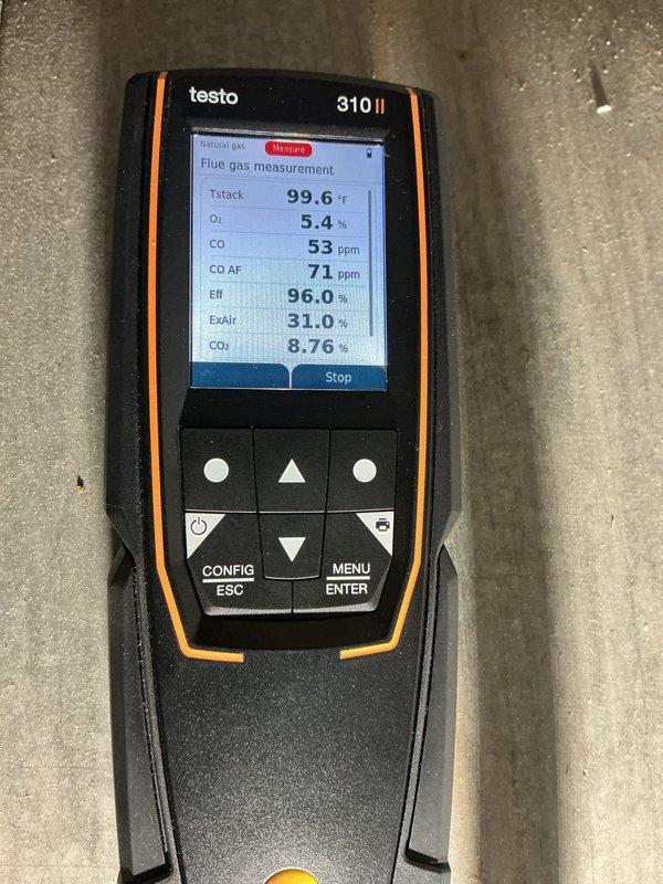 Completed comprehensive tune-up on 10-year-old furnace system. Performed combustion analysis using Testo 310 II analyzer, which confirmed optimal performance with efficiency reading of 96.0%, oxygen level at 5.4%, CO at 53 ppm, and CO after-air-free at 71 ppm. All combustion parameters fell within acceptable ranges for safe and efficient operation. Conducted diagnostic testing of system components using Fieldpiece digital meter, verifying proper operation of blower assembly, capacitor, and associated electrical connections. Inspected all mechanical components, refrigerant lines, and wiring harness for signs of wear or deterioration. System operating normally with no deficiencies noted at time of service completion.
