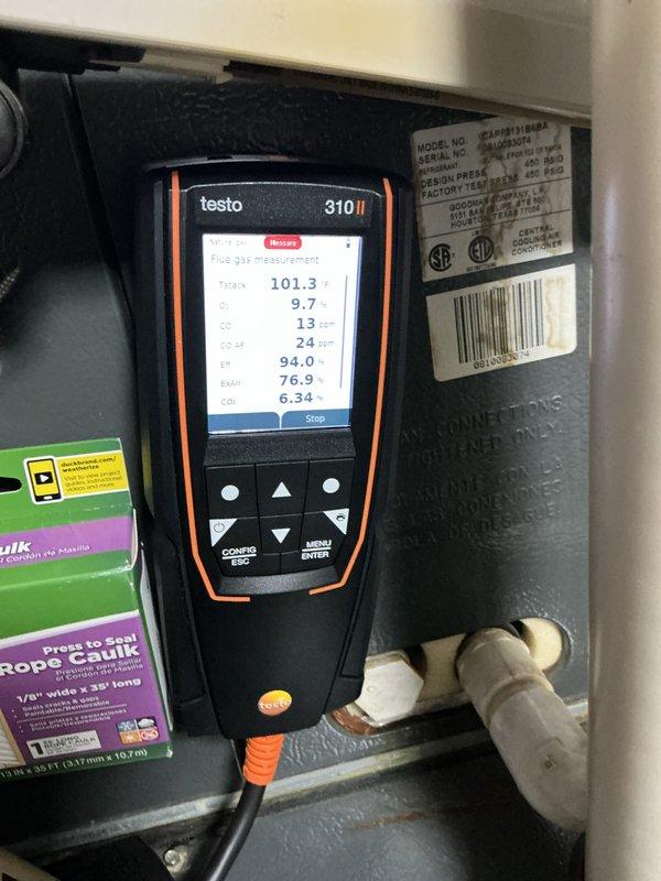 Completed routine furnace maintenance and tune-up on 10-year-old unit. Performed comprehensive combustion analysis using flue gas analyzer, confirming proper efficiency and safe operating parameters with all readings within manufacturer specifications. Verified electrical performance with multimeter testing and documented system airflow, ensuring optimal heating system operation for the season.