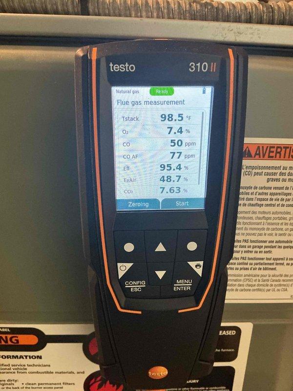 Completed comprehensive heating maintenance on a 7-year-old Bradford White 40-gallon natural gas water heater, Model M-I-40T6FBN. Performed full combustion analysis using Testo 310 II flue gas analyzer, which confirmed optimal operating parameters with T-stack reading of 98.5°F, oxygen level at 7.4%, carbon monoxide at 50 ppm, and combustion efficiency at 95.4%. All readings fell within manufacturer specifications and safety standards for Category I natural draft appliances. System operating safely with proper venting and adequate clearances maintained per ANSI Z21.10.1-2017/CSA 4.1-2017 certification requirements.